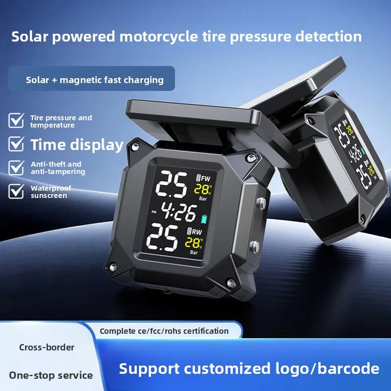 Motorcycle TPMS Tire Pressure Monitor Wireless Solar Charging with External Sensors, High Accuracy Digital Display and Voice