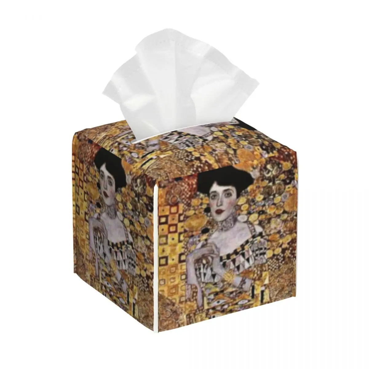 Custom Adele Bloch Tissue Box Cover PU Leather Square Gustav Klimt Painting Facial Tissue Box Holder for Bathroom Toilet