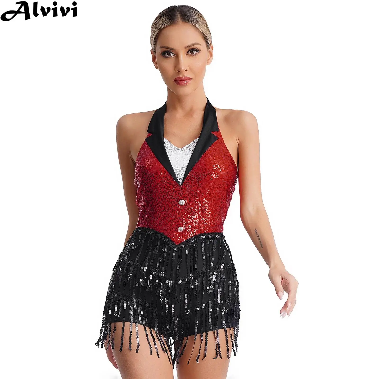 

Women Jazz Latin Dance Cha-cha Tango Samba Rumba Performance Costume Sleeveless Halter Sequins Tassel Leotard Dress Dancewear