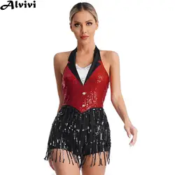 Women Jazz Latin Dance Cha-cha Tango Samba Rumba Performance Costume Sleeveless Halter Sequins Tassel Leotard Dress Dancewear