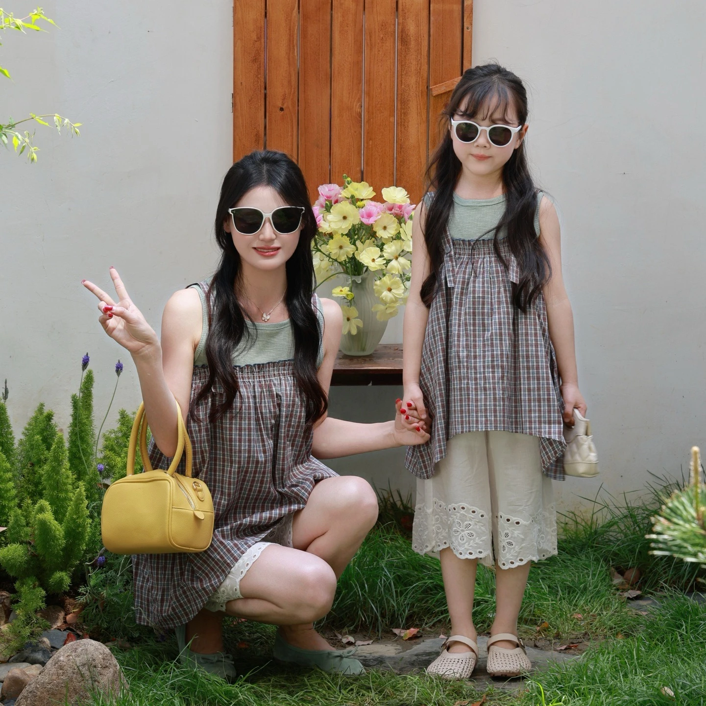 Mother Daughter Matching 3Pcs Set Plaid Cami Top + Lace Hem Pants Casual Summer Family Mommy & Me Outfit