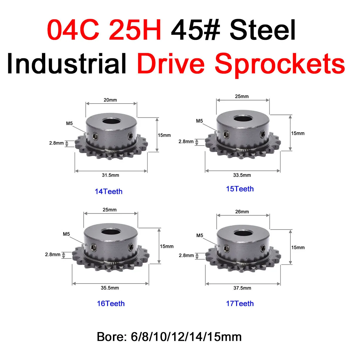 

1Pcs 04C 25H Chain Drive Sprocket 14/15/16/17 Teeth 45# Steel Chain Gear Pitch 6.35mm Industrial Sprocket Wheel for 25H Chain