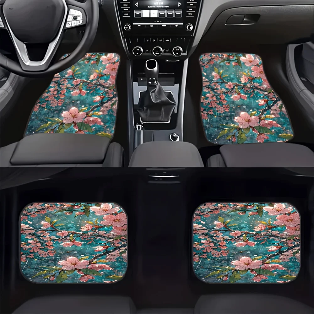 

4pcs Cherry Blossom Rain Pattern Car Mats Set, Universal Anti-Slip And Dustproof Front& Rear Floor Mats, Romantic Spring Season