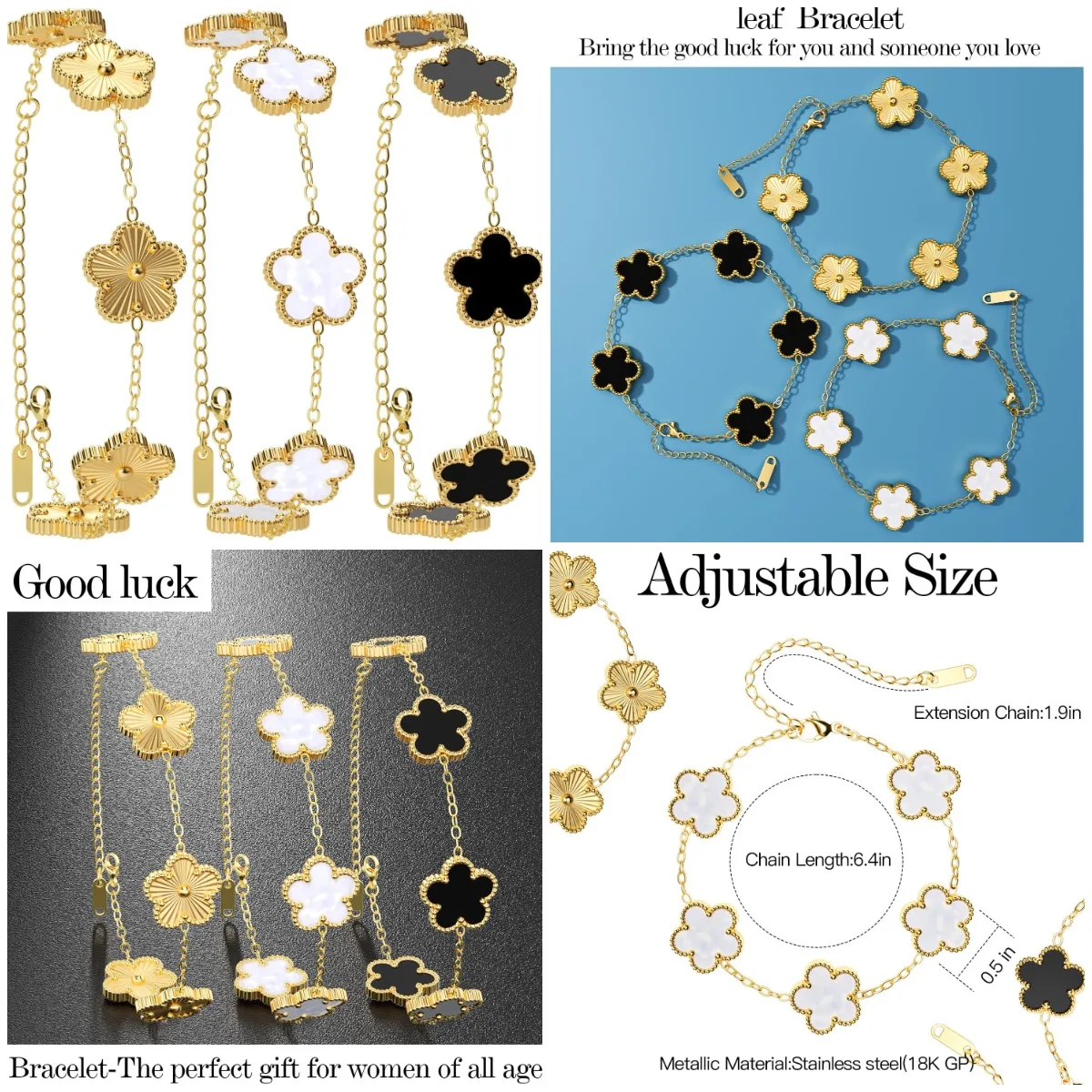 Pulsera de Trébol Chapada en Oro de 18K, Réplicas de Pulseras Doradas/Blancas/Negras para Mujer, Diseño de Flor y Hoja, Amuleto de la Suerte