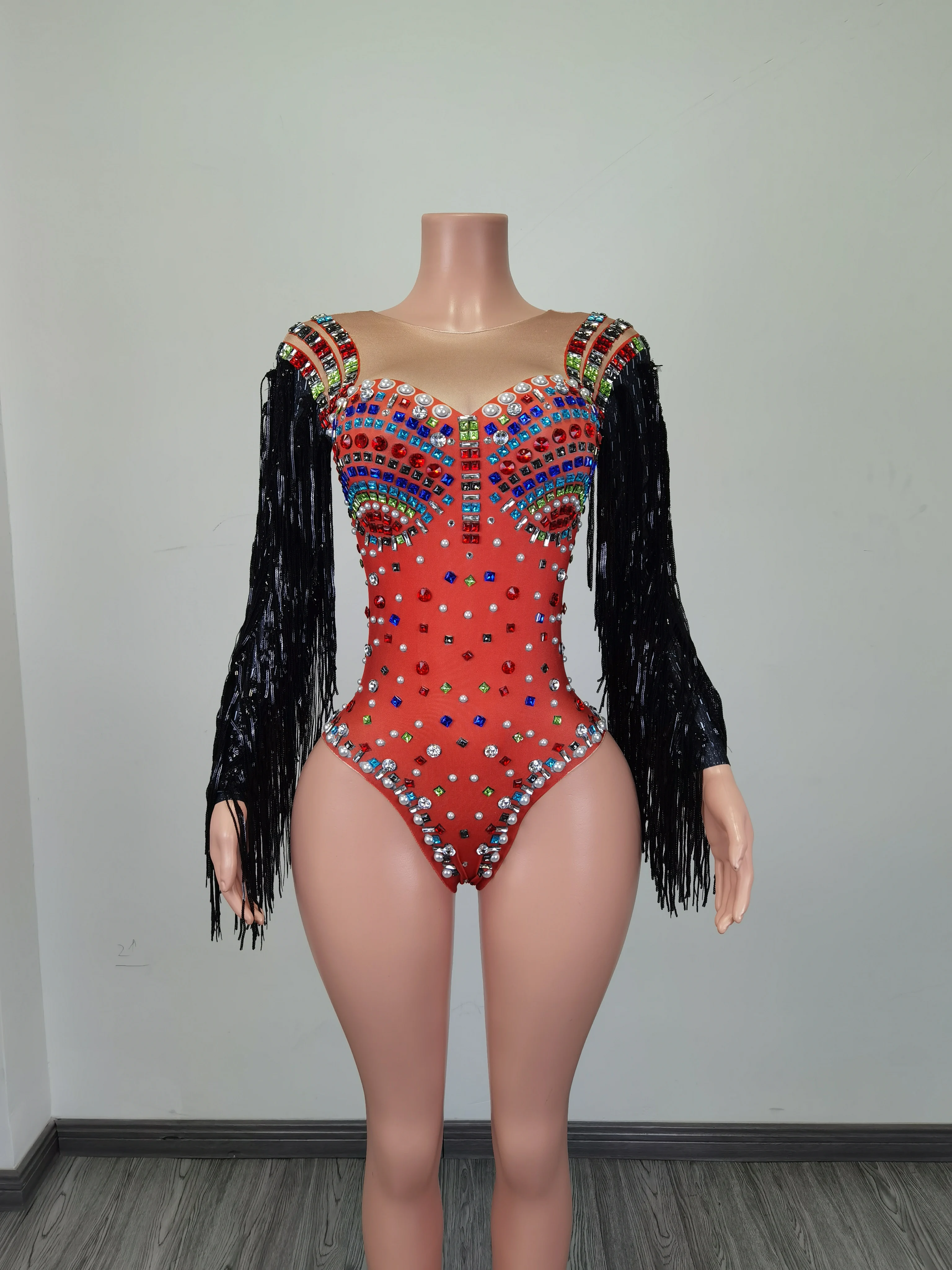 

Sexy Elastic Colorful Rhinestone Tassel Sleeves Rhinestones Leotard Women Stage Bodysuit Club Dance Playsuit Performance Costume