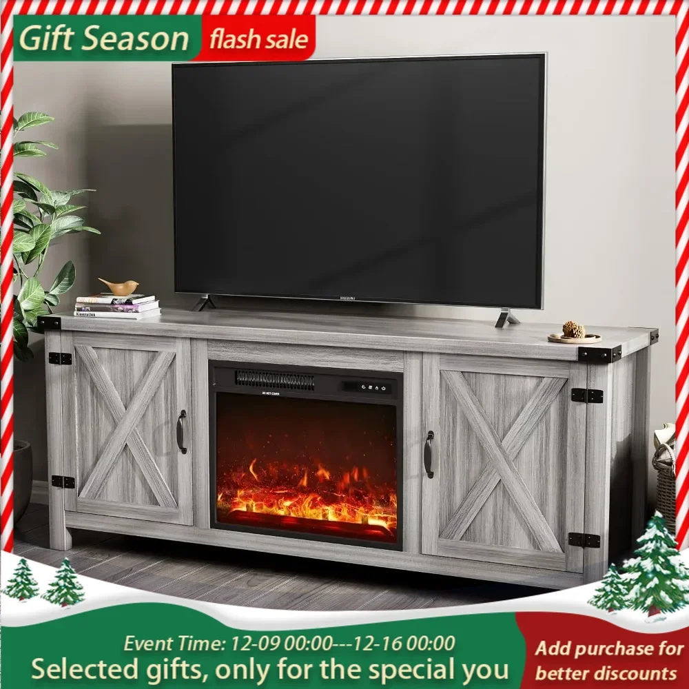 Fireplace TV Stand ,with Two Barn Doors and Storage Cabinets for Televisions up to 65+ Inch, 58 x 15 x 23.8 inches TV Stand