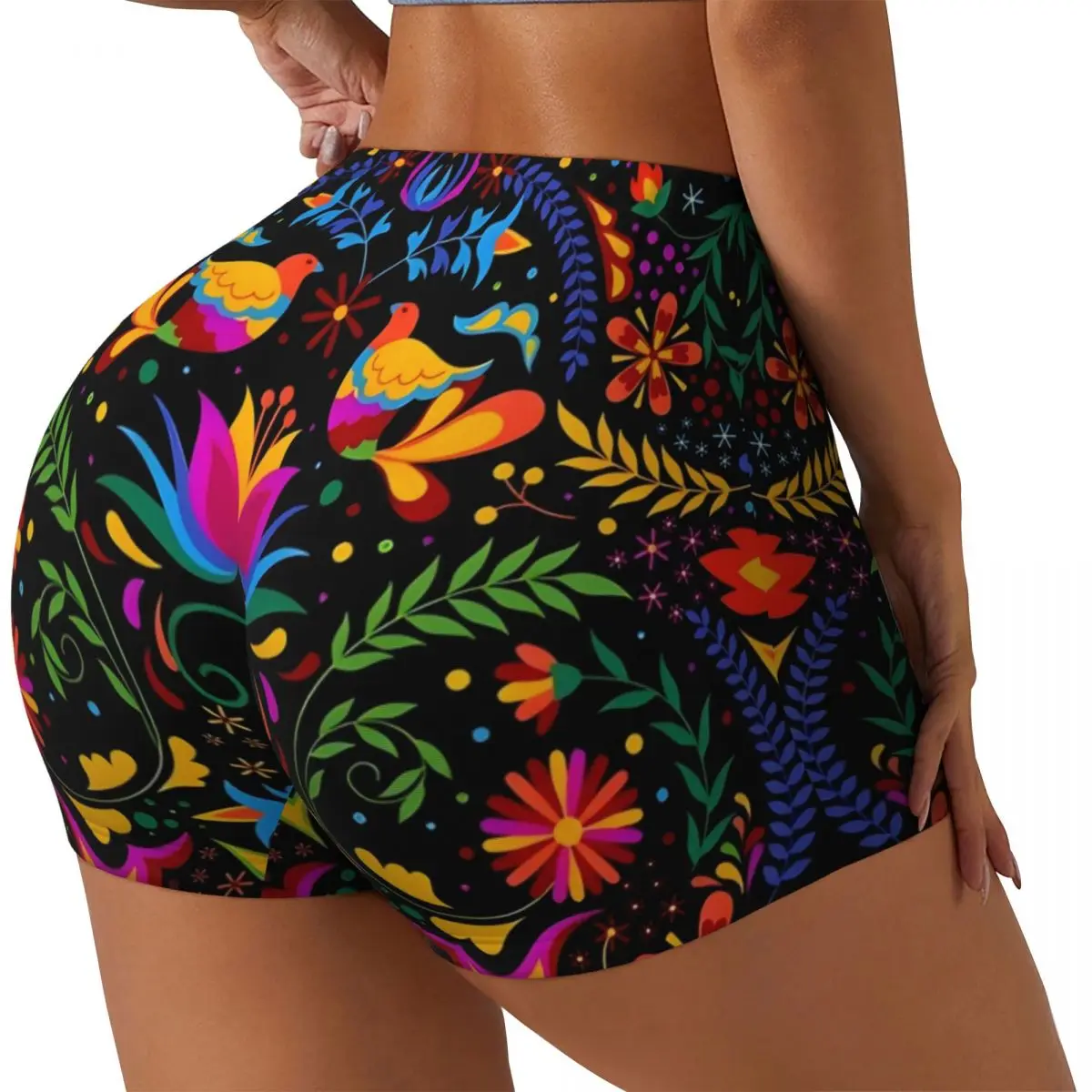 Custom Mexican Flowers Otomi And Birds Gym Biker Running Shorts for Women Workout Yoga Shorts