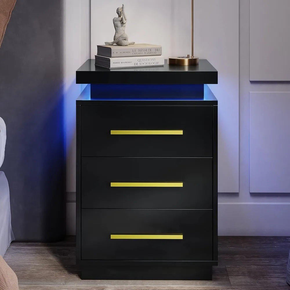 

Bedside table with 3 drawers and LED light bedroom furniture bedside table, end table with remote control and gold metal handle