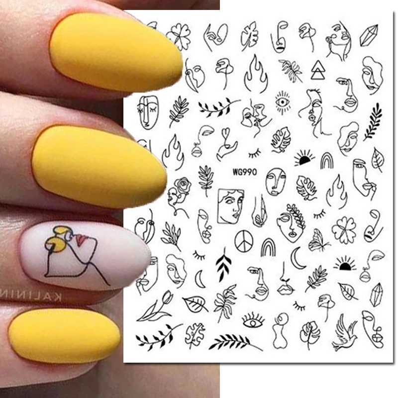 

3d Nail Art Decals Abstract Lines Faces Eyes Palm Leaves Flowers Adhesive Sliders Nail Stickers Decoration For Nail Manicure