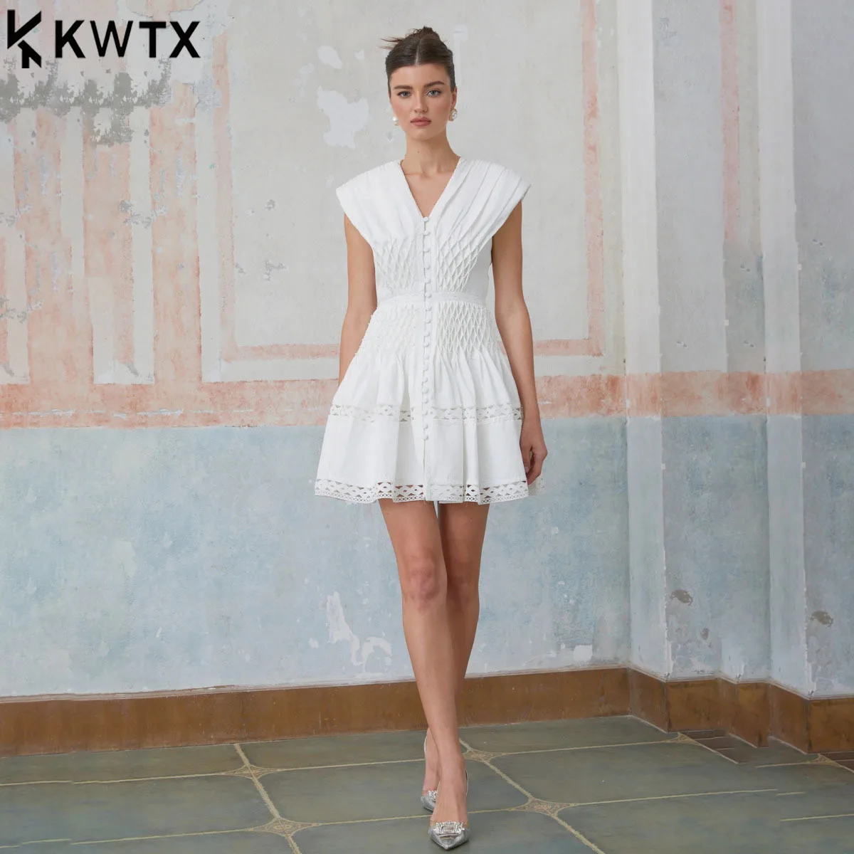 KWTX Damska Mini Spódniczka Nowa Kolekcja Lato 2026 Elegancka Dopasowana z Wycięciami i Nadrukiem Zapinana na Guziki na Plażę, Imprezę, do Biura i na Co Dzień