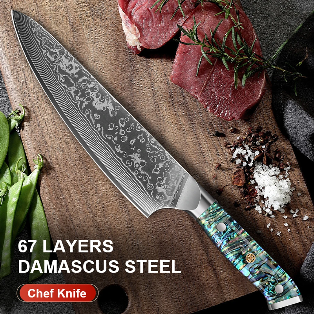 

8-дюймовый японский нож шеф-повара, 67 слоев дамасской стали, кухонный нож для овощей, кухонный нож для приготовления пищи с ракушкой из ушка
