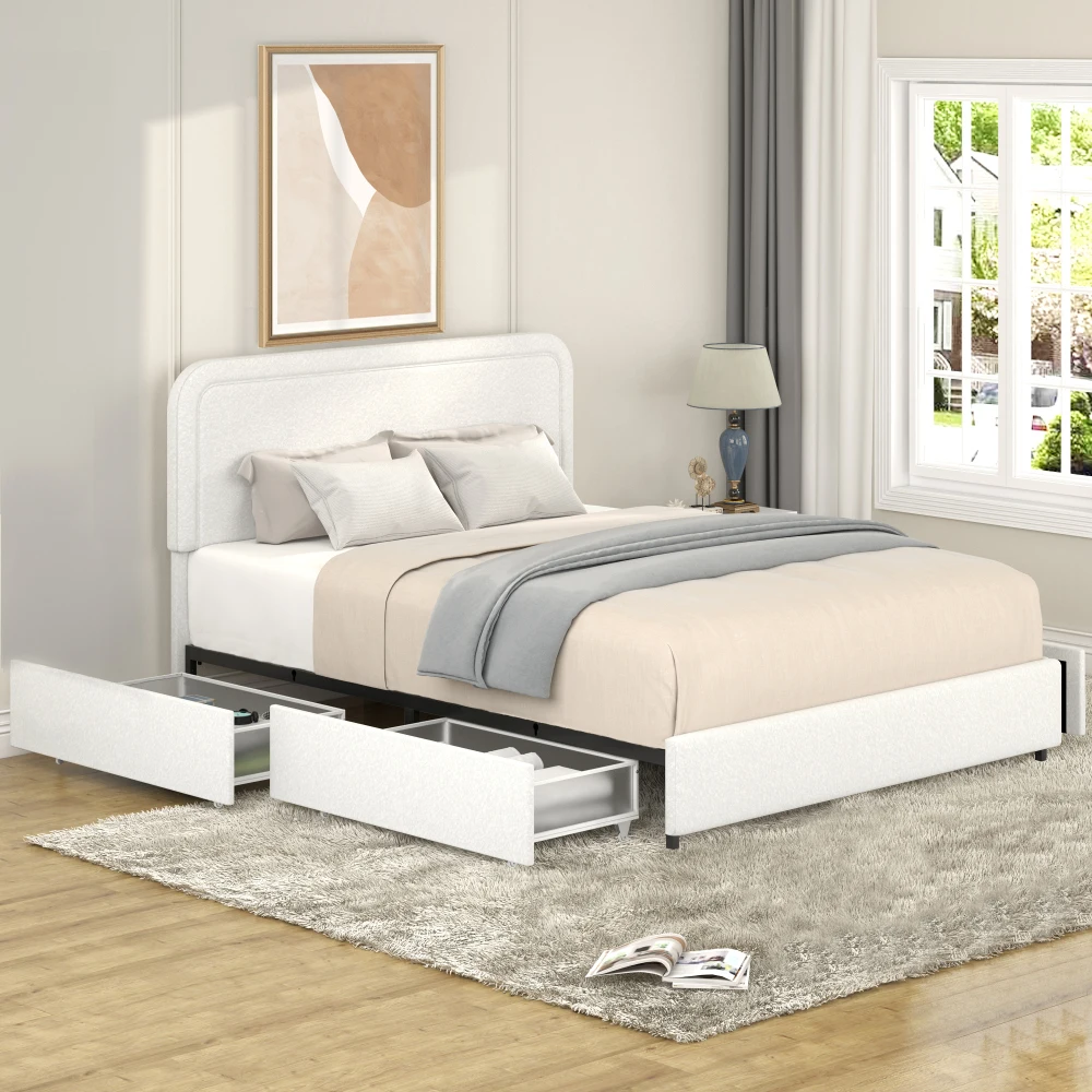 Queen Size Ivory Upholstered Platform Bed with Patented 4 Drawers Storage, Curved Stitched Tufted Headboard No Box Spring Needed