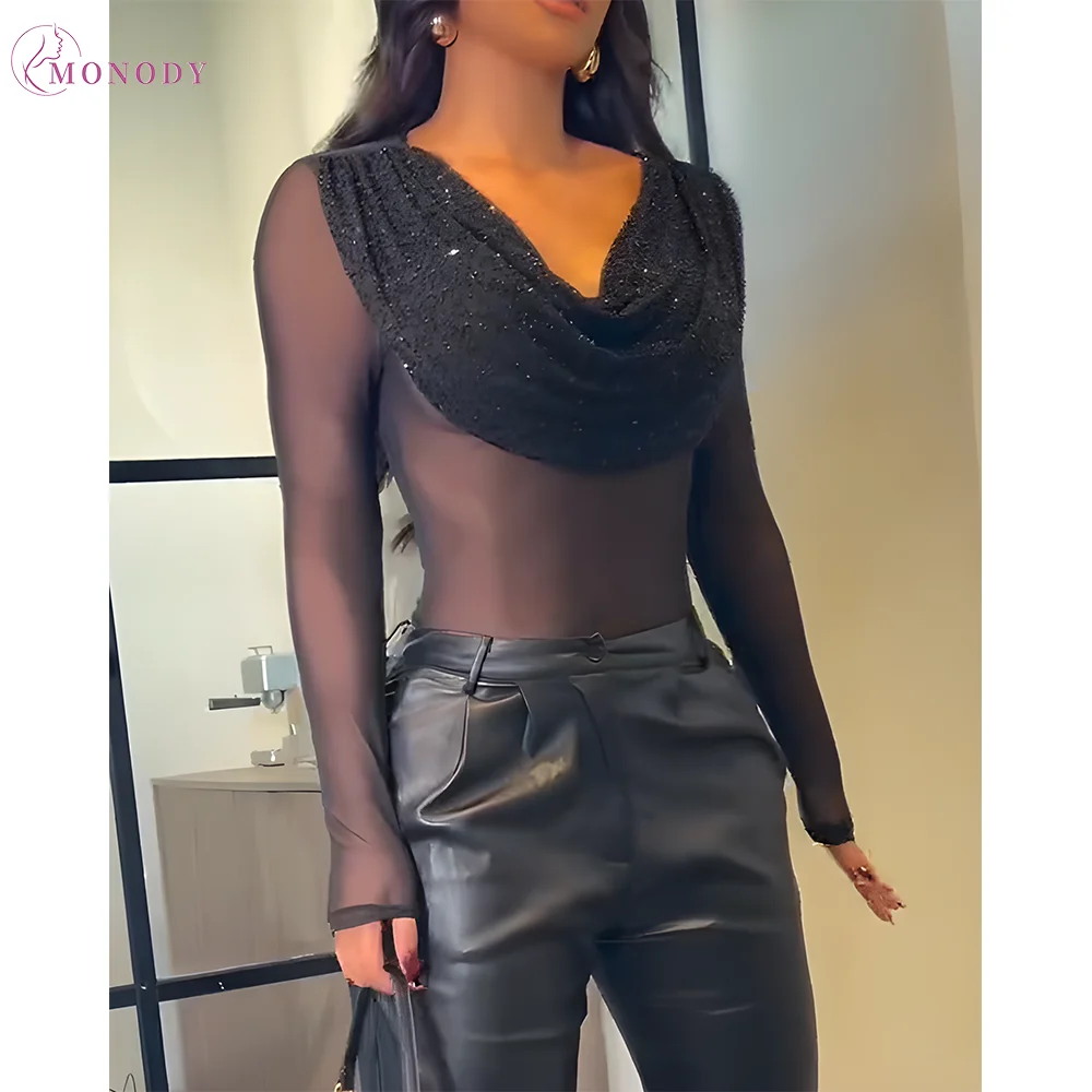 

Sexy Women Draped Neck Mesh Long-Sleeved Top Blouse Draped V-Neck Sheer Fabric Slim Silhouette Suitable for Matching Trendy Tops