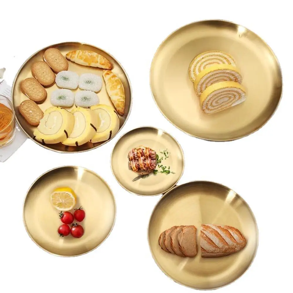 14/17/20/23/26CM Gold Silver Metal Shallow Tray Bone Spitting Dish Fruit Meat Dining Disc Round Plate Cake Dessert Tableware