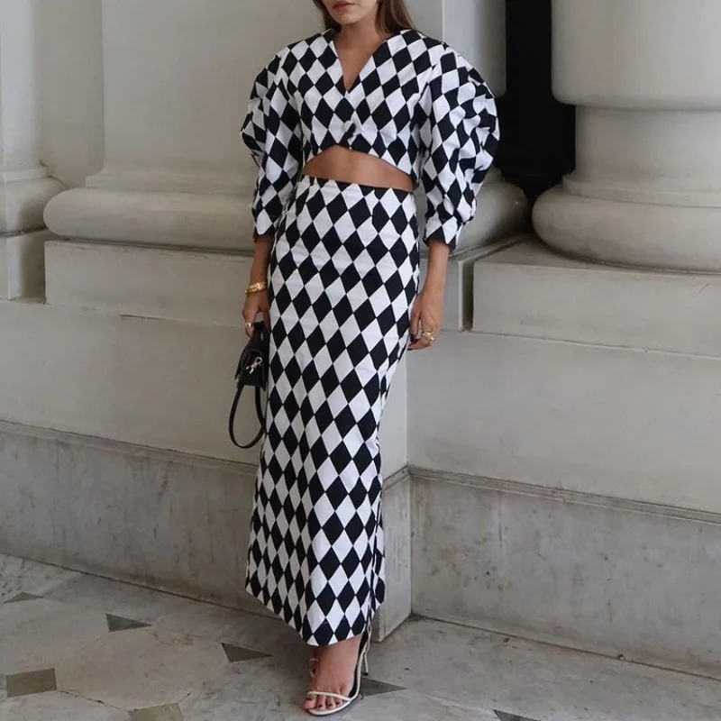 Chic Black White Checkerboard Print 2 Piece Set Women Elegant Puff Sleeve Crop Top Bodycon Maxi Skirt Y2K Suit Party Clubwear