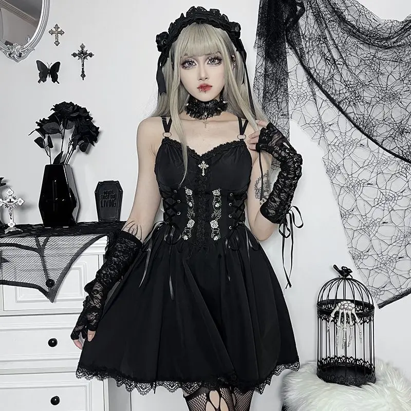 

Gothic Rose Embroidery Dress Women Black Lace Sleeveless Suspenders Skirt Fashion Halloween Costume Clothes Trendy 2025 Dresses