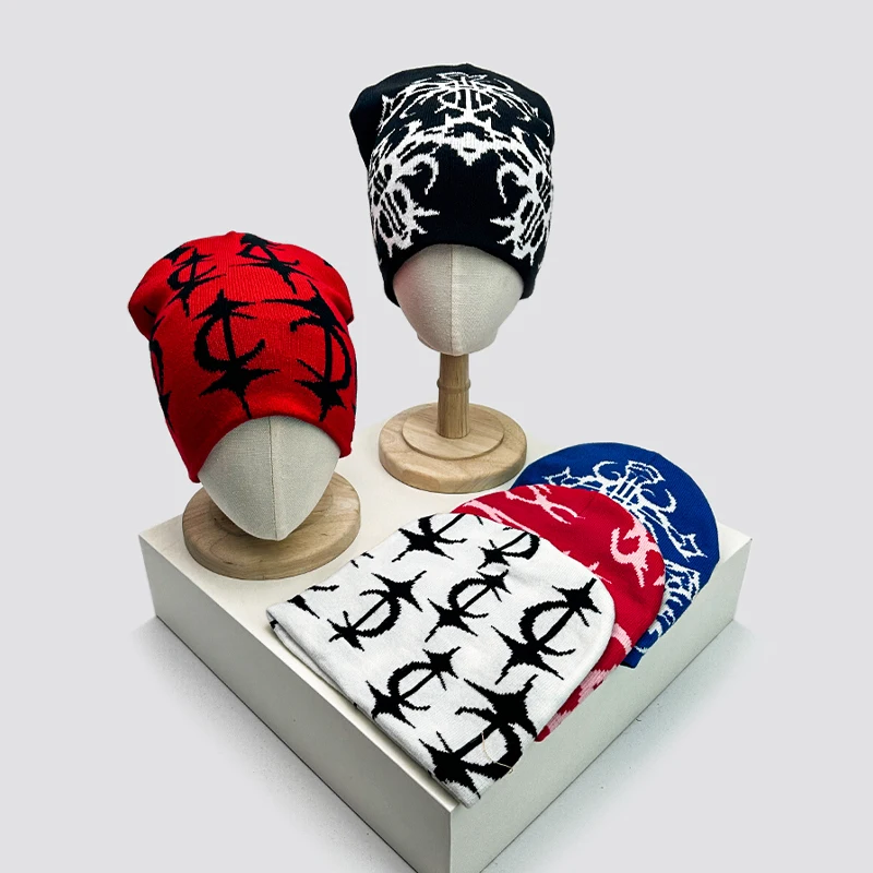 Europäischer Stil Muster-Wollstrickmützen Persönliche Warme Hip-Hop Vielseitige Beanies Herbst und Winter Neue Street Fashion Nischen-Ins-Mode