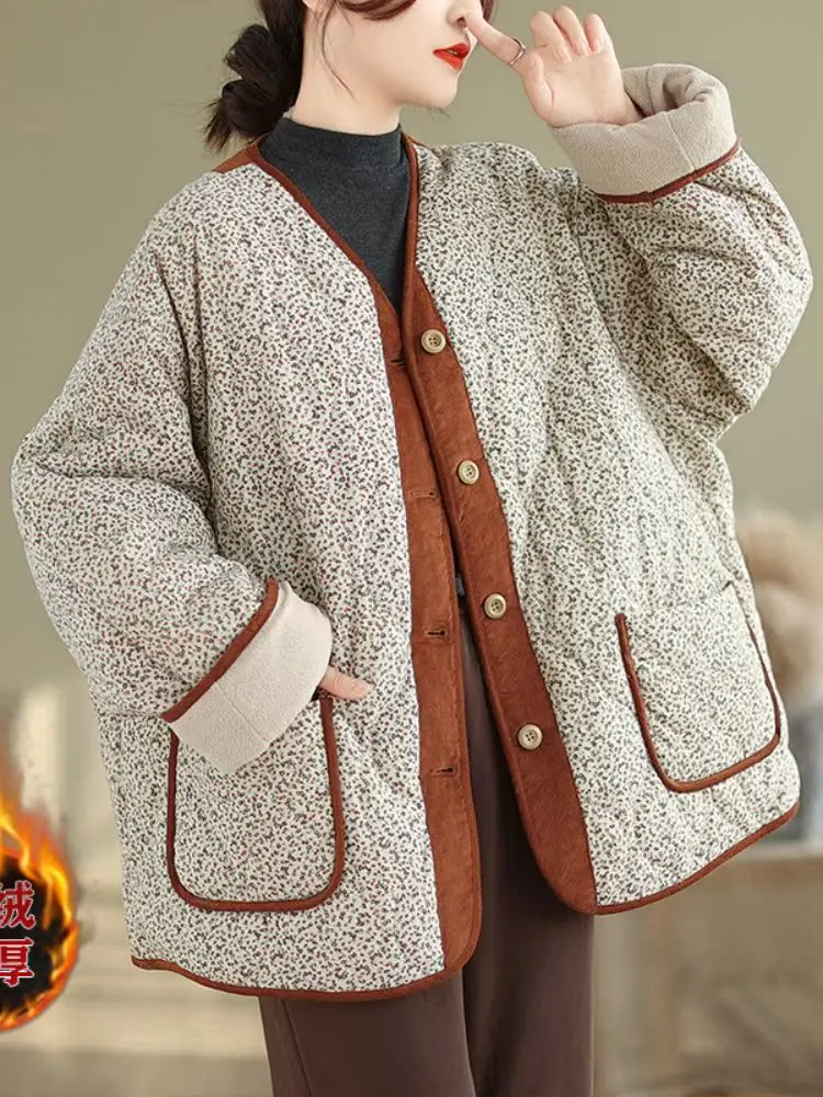 

Женское хлопковое пальто больших размеров на подкладке с цветочным принтом, свободное зимнее пальто в стиле ретро с пуговицами и деталями