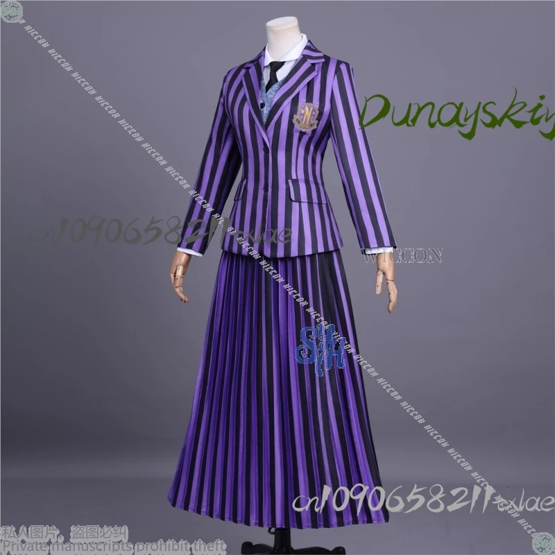 Agnes Cosplay nunca Anime película más disfraz uniforme escolar gótico negro púrpura rayas abrigo vestido Lolita Halloween Navidad Cos