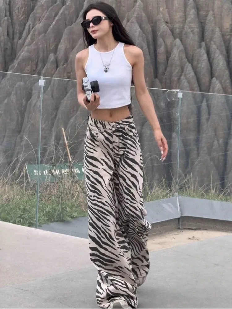 Y2K 여성용 얼룩말 무늬 청바지 미국 스타일 스파이시 걸 하이웨이스트 슬림 스트레이트 레그 바닥까지 닿는 와이드 레그 롱 팬츠