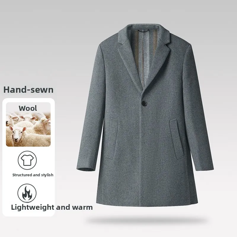 

Fashionable Double-Faced Woolen Men's Coat Handmade Plain Color Shawl Collar Winter Outerwear Standard Fit Urban Style Daily ...