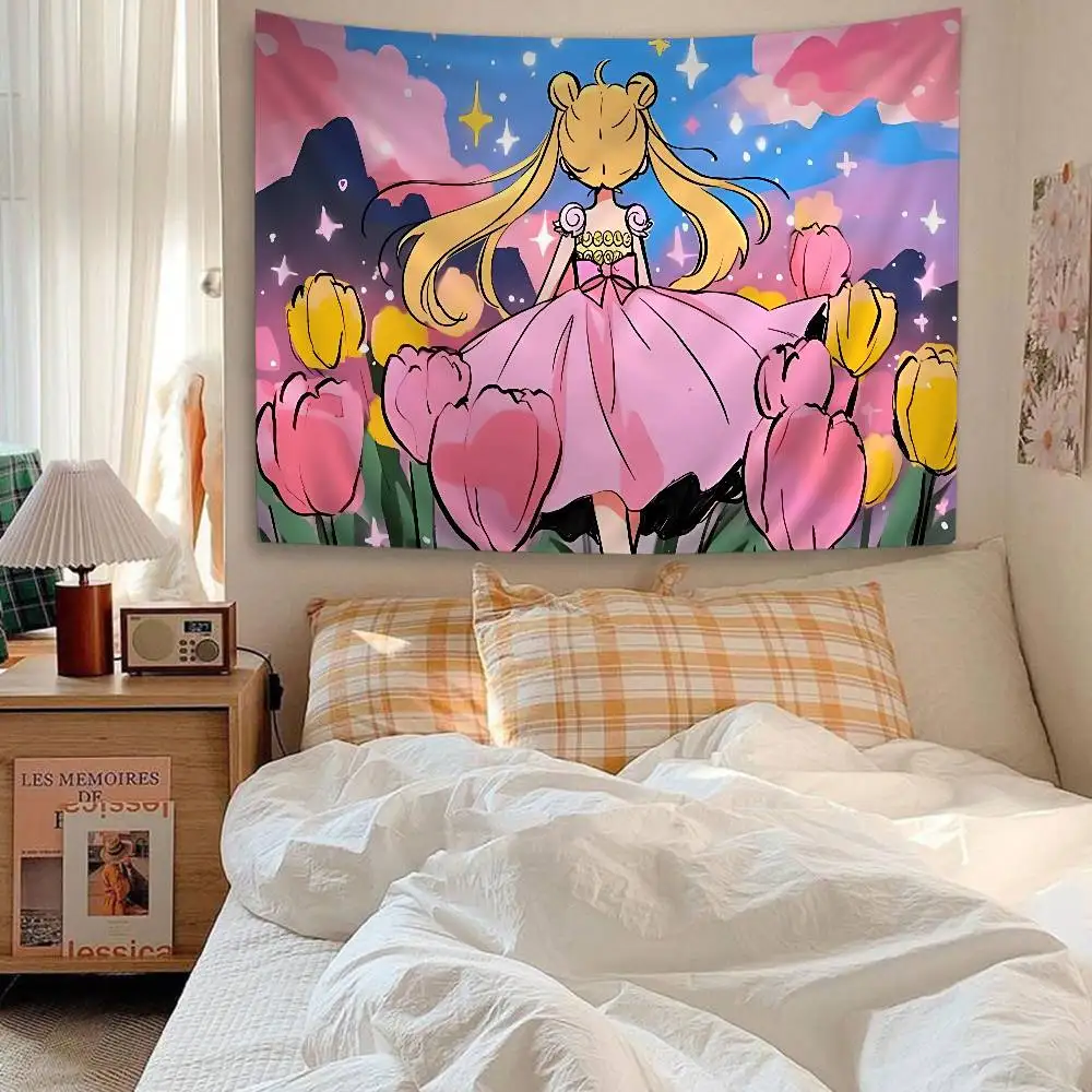 S-Sailores Cute Girl Moon Hippie Wall Hanging Tapestries for Living Room Home Dorm Decor Art Home Decor