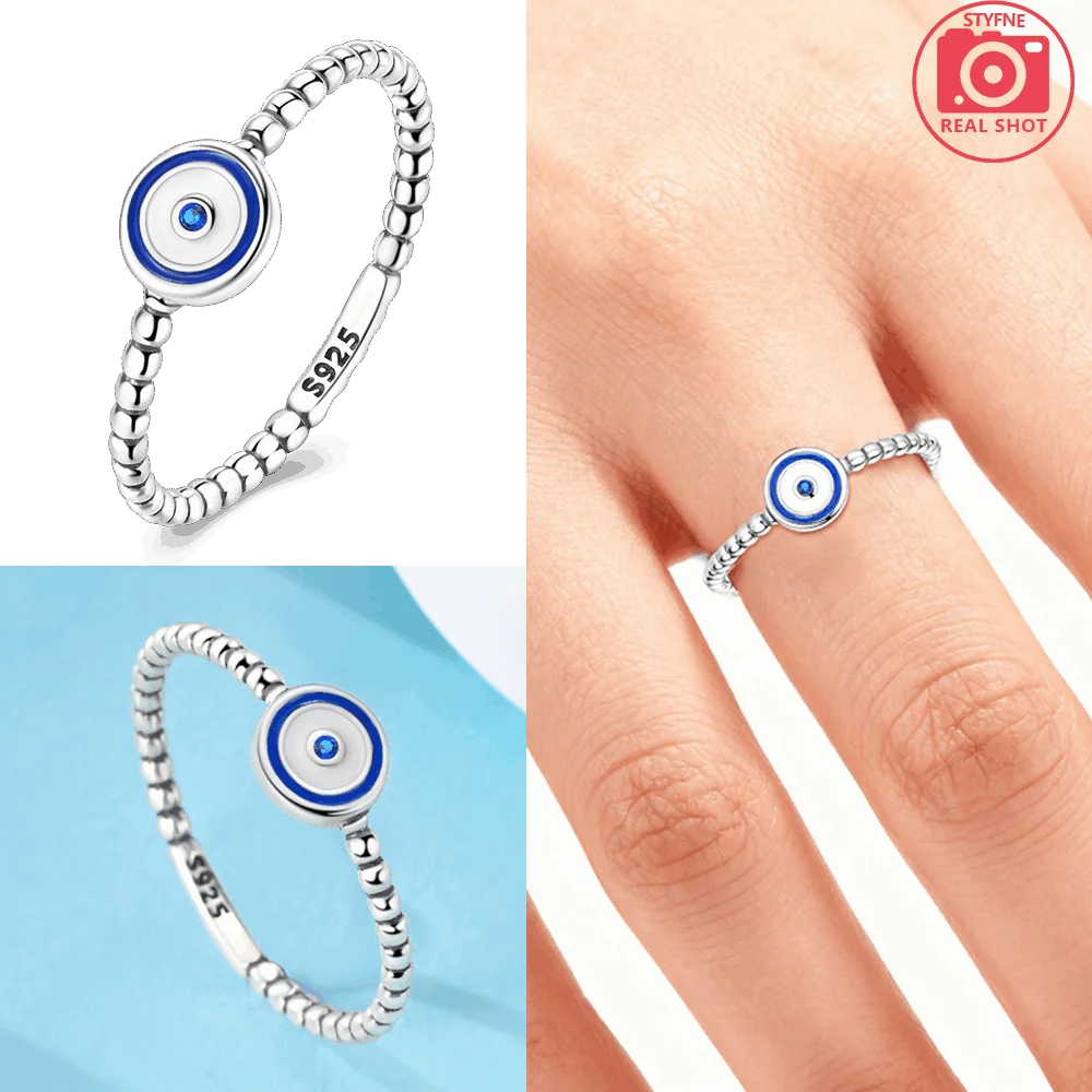 خاتم أصلي S925 من الفضة الإسترليني خاتم أزرق مستدير عين الشيطان خاتم ديني رقيق للذكرى السنوية إكسسوار هدايا رائع