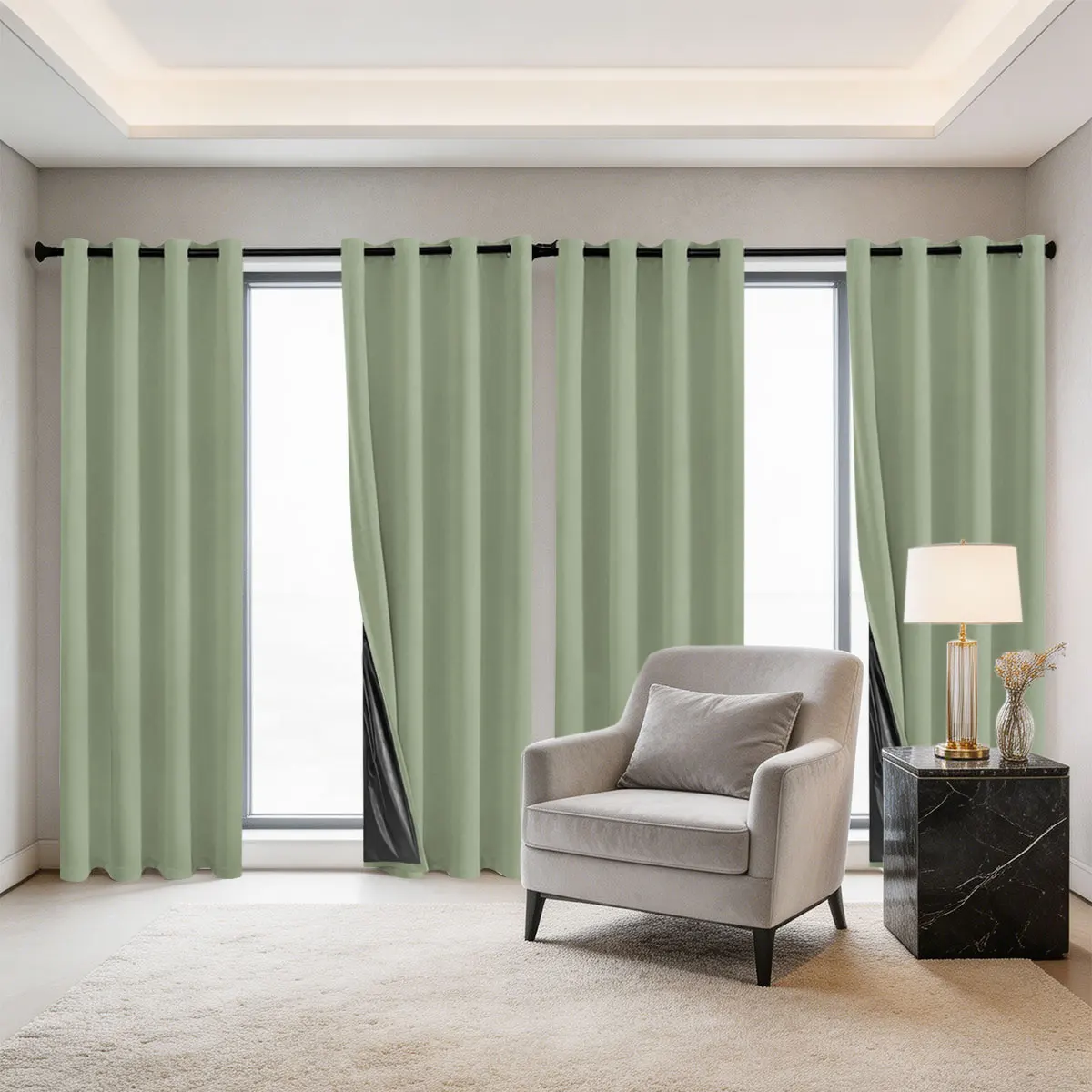 Green Grommet Light Blocking Curtains 4Pcs, Black Coated Solid Window Drapes for Bedroom Living Room Home Decor