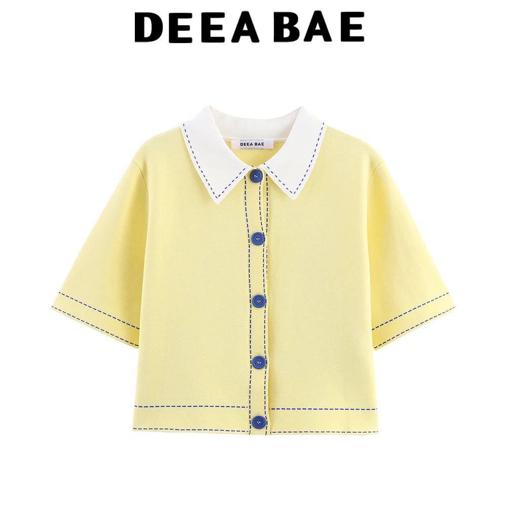 

DEEABAE 2025 Autumn New Women's Polo Shirt with Stitch Flip Collar Short Sleeve Knitted Cardigan Women's Coat