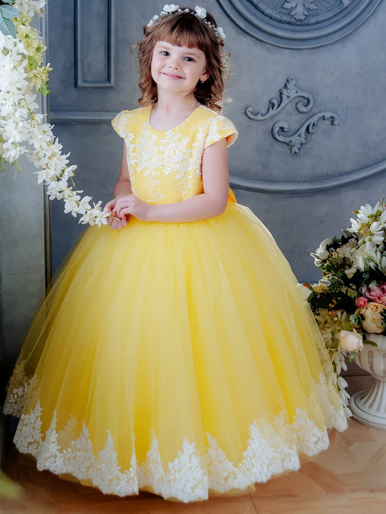 

Flower Girl Dresses Yellow Tulle White Flory Pattern With Bow Short Sleeve For Wedding Birthday Party Holy Communion Gowns