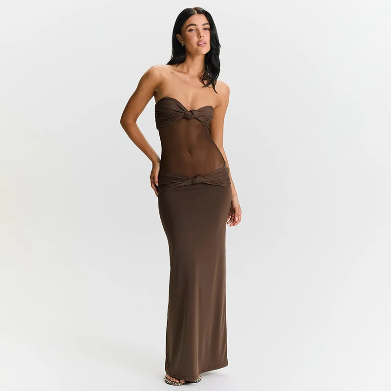 Vintage ตาข่าย Splice Maxi ชุดฤดูร้อนใหม่ที่ถอดออกได้สปาเก็ตตี้ชุดราตรีสุภาพสตรี Robe Elegant Twisted Knot Dresses