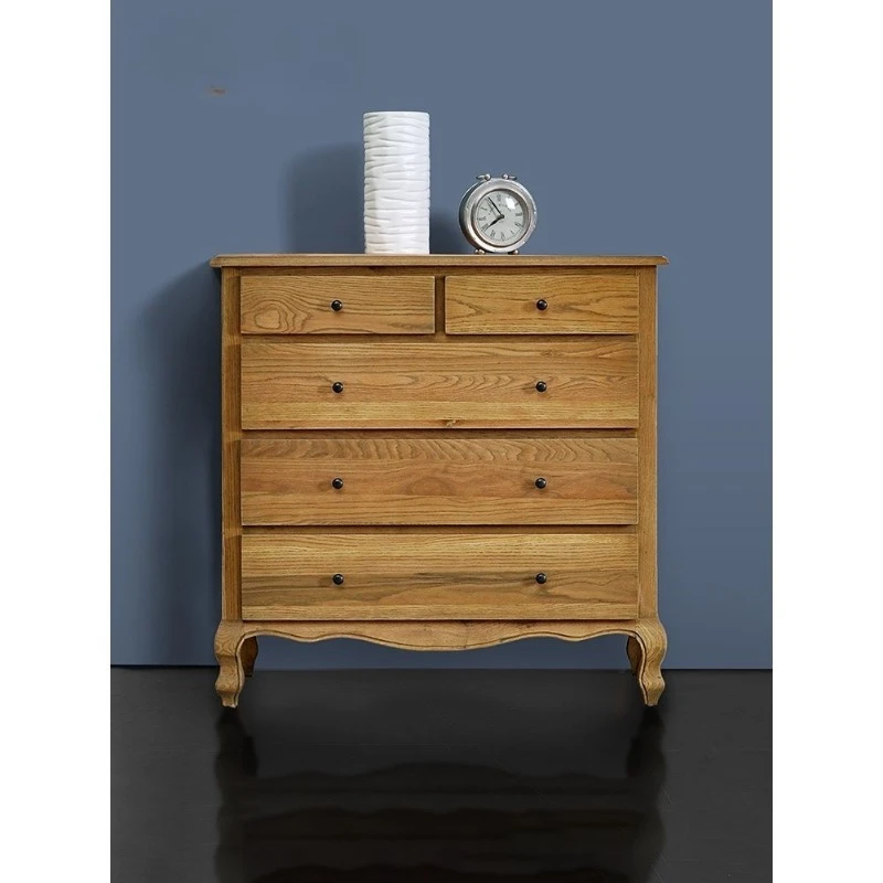 American rural retro storage chest under the stairs, Nordic oak solid wood, bedroom five buckets storage