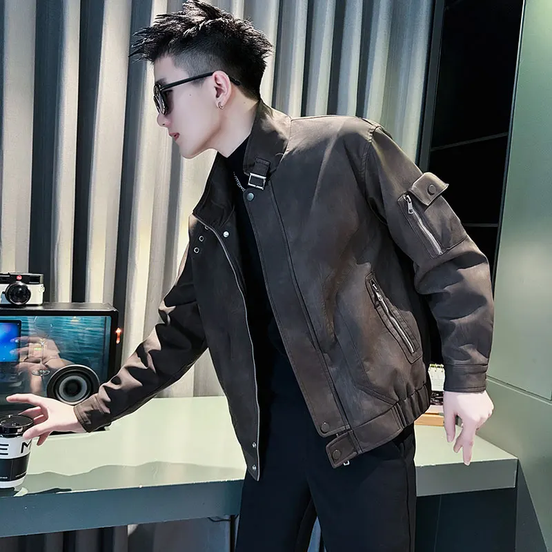 

Мужская кожаная куртка Slim Fit в байкерском стиле, модная корейская верхняя одежда, уличная одежда, из полиэфирного волокна, на молнии, с длинными рукавами