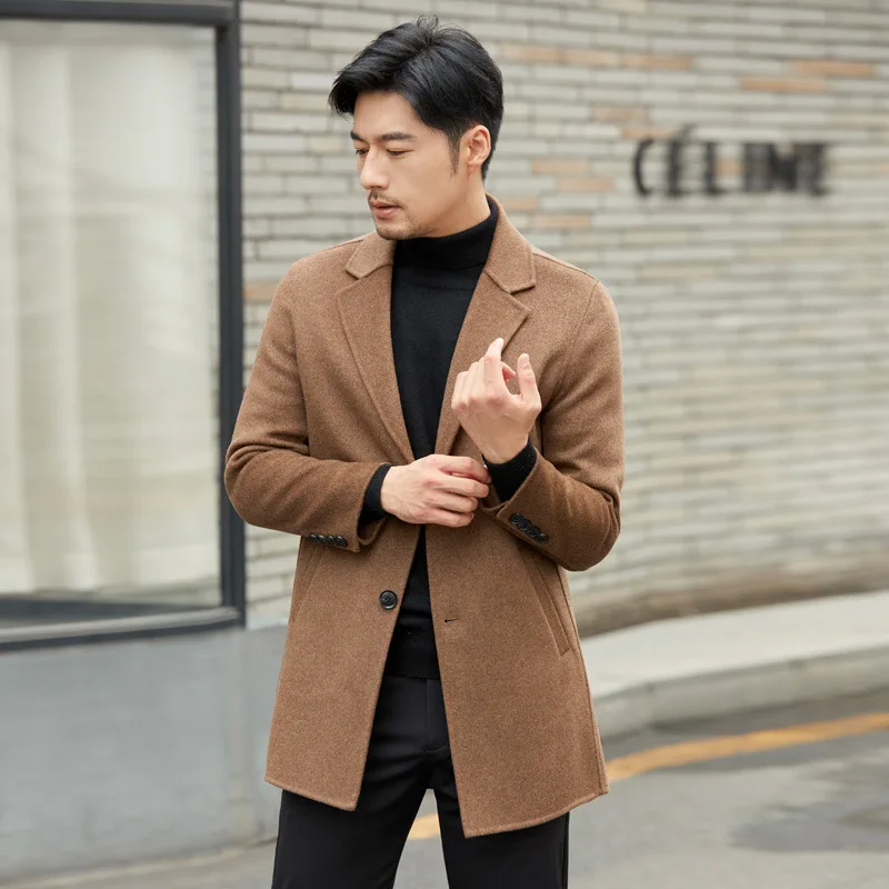 Autumn Winter Double-sided Cashmere Coat Men's Mid Long Blue Wool Woolen Jacket Off-season High-end Suit Business Trench Outwear
