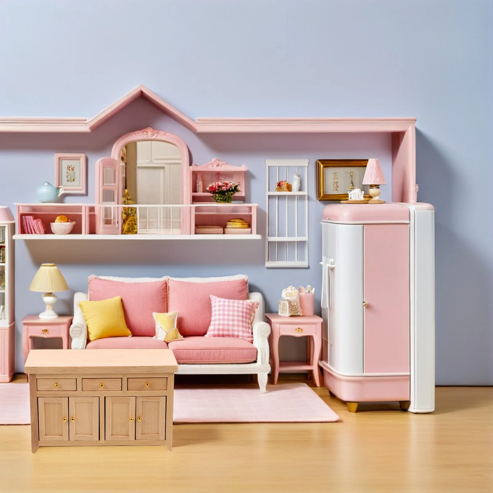

House Furniture Mini Decorative Cabinet Dollhouse Kitchen Cabinets Miniatures Ornaments Wooden Drawer Beige Micro Scene