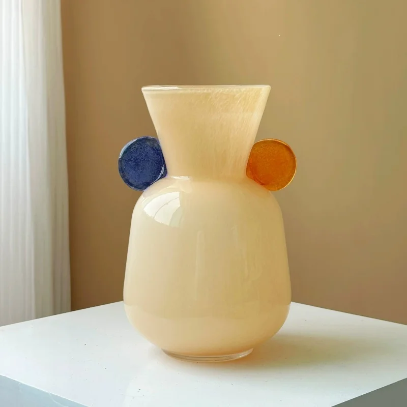 

Ancient handmade double-eared cute glazed vase exquisite luxurious flower arrangement cabinet cream yellow decorative flowerware