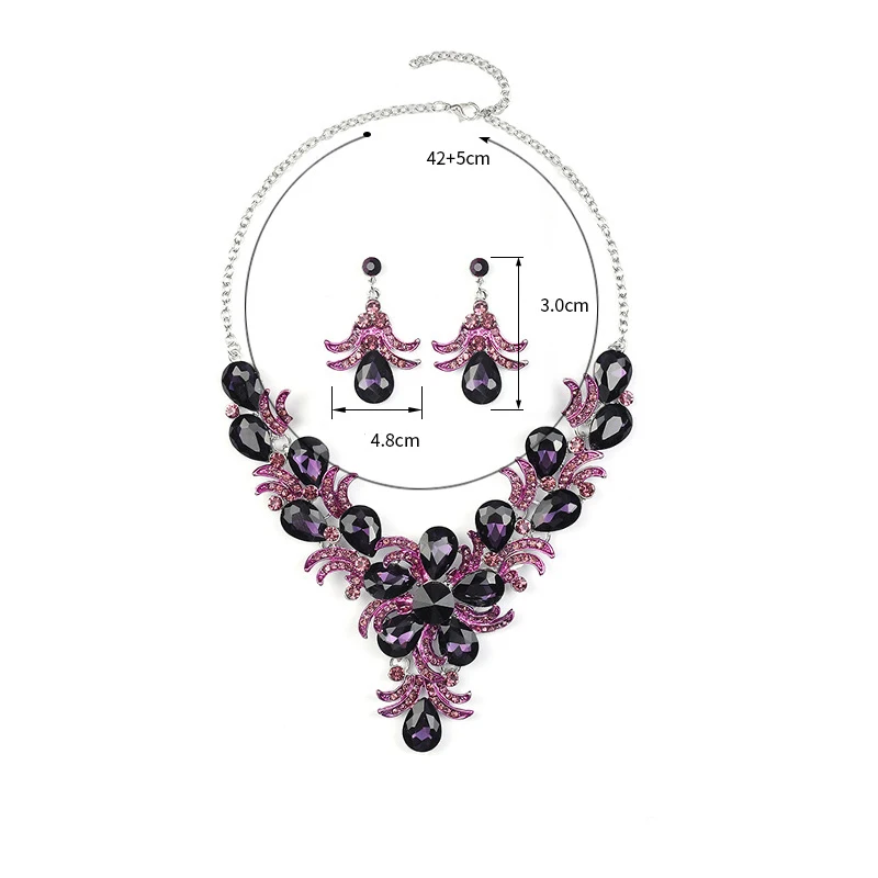 Purple Jewelry Set Wholesale Wedding Accessories Luxury Crystal Rhinestone Flower Statement Earrings and Necklace for Women