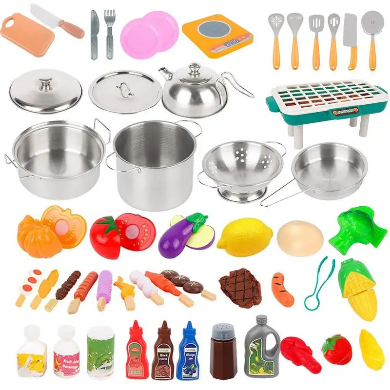 Kids Kitchen Toy Accessories 53Pcs Toddler Pretend Play Kitchen Toys Kids Pots And Pans Set With Play Food Toddler Cooking Set