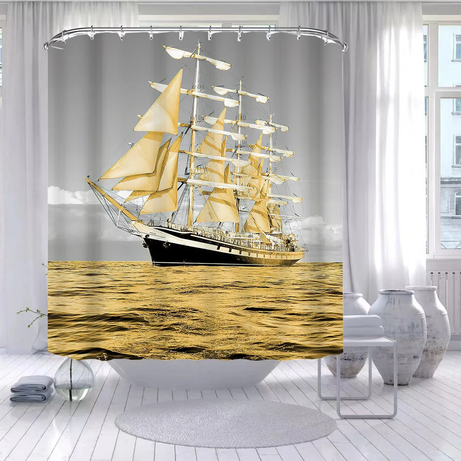 Ship Anchor Rudder Boat Shower Curtain Pirate Sailboat Starfish Bathroom Wall Hanging Curtains Waterproof Hooks Screen Decor