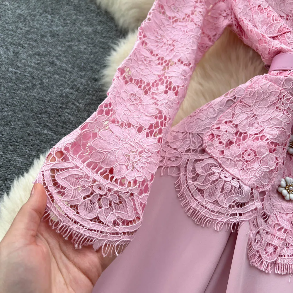 Chic vintage lace long sleeve rhinestone slim Elegant Fairy korean fashion Boho Sundress women clothing Long dress