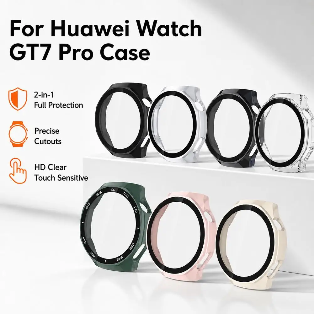 Hard PC Case for Huawei Watch GT 7 Pro Screen Protector Built-in Tempered Glass Film 2in1 Full Coverage Bumper Protective Cover
