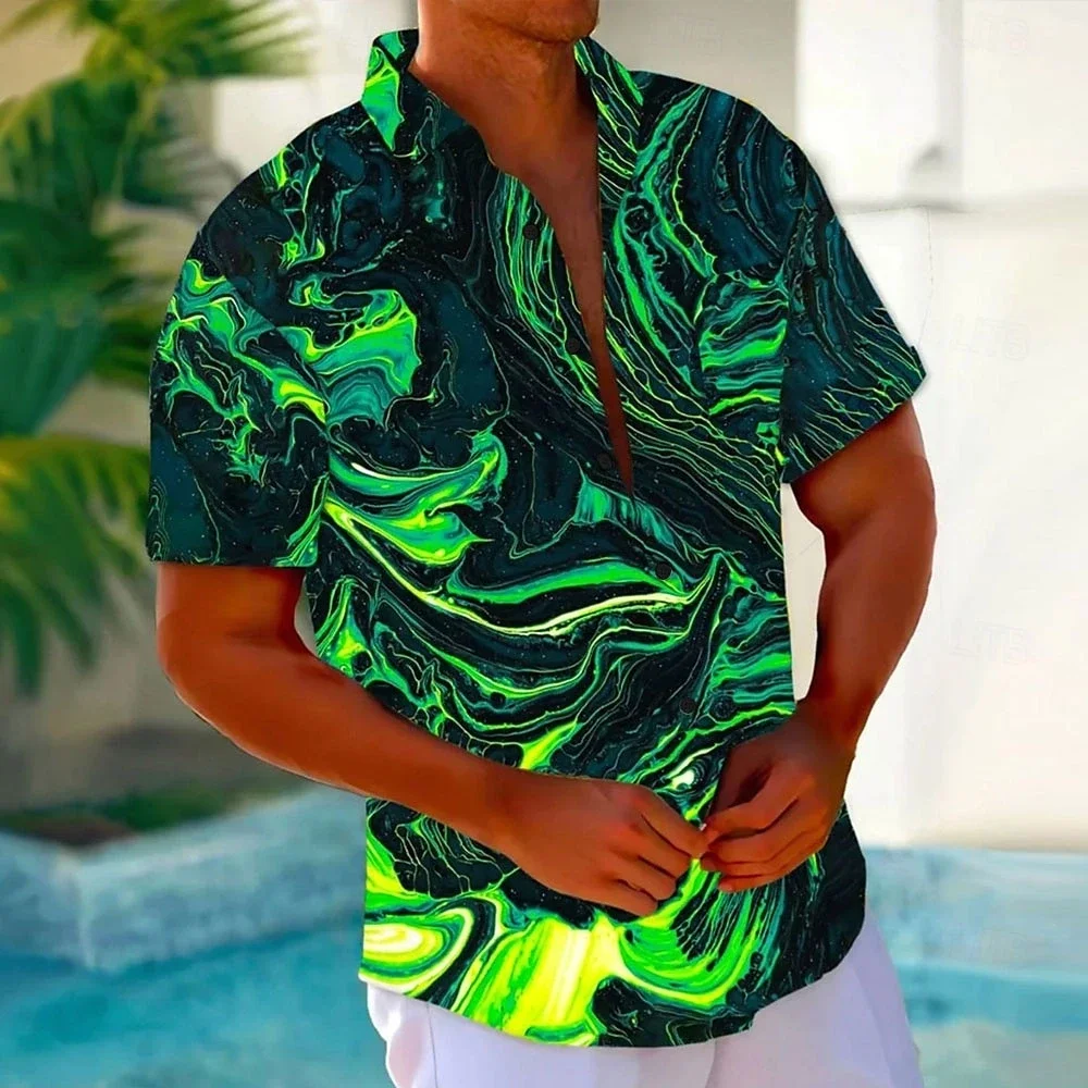 

Мужская гавайская повседневная рубашка с ярким чернильным принтом для отпуска, мужская деловая рубашка с короткими рукавами и пуговицами, рубашка большого размера, мужская тканевая рубашка