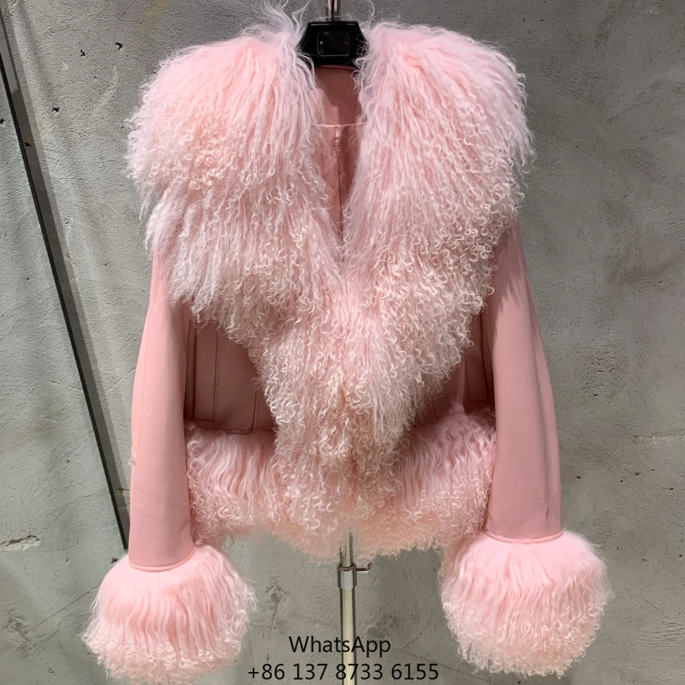 

Winter Luxury Long Sleeves Coat Real Sheep Fur Jacket Women Pink Mongolian Fur Jacket