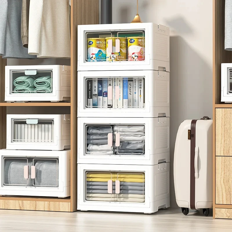 Large Capacity Single Door Open Storage Box with Lid Wheels Stackable Foldable Sundries Toys Snacks Sorting Box Home Storage