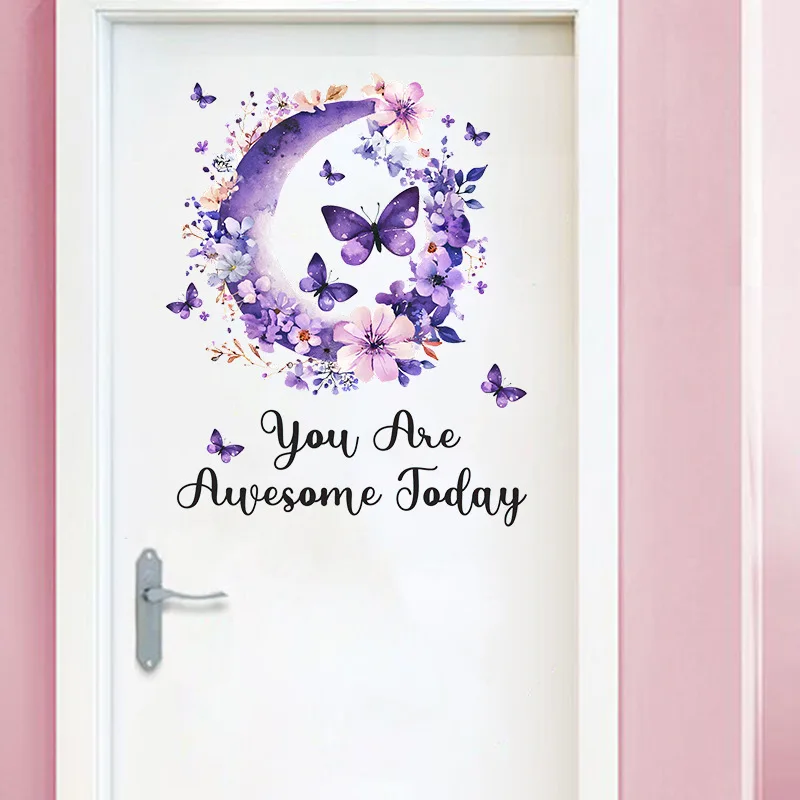 1PC Fantasy Purple Butterfly Moon Flowers Bedroom Living Room Wall Beautify Decorative Wall Sticker PVC Material Wall Decoration