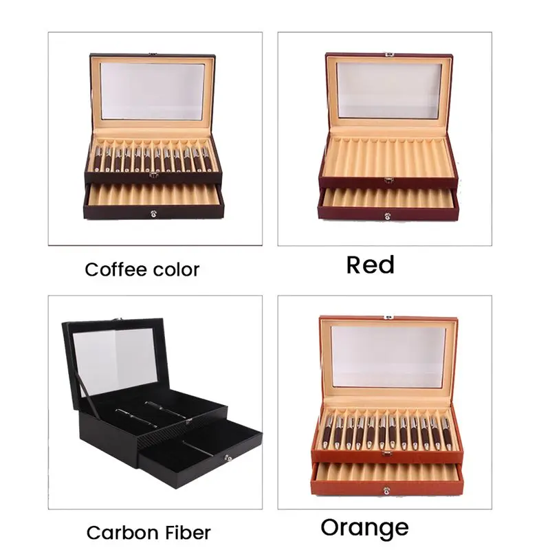 【ELEVATE LIFE】24 Slots Wooden Pen Display Storage Box Luxury 2 Layer PU Pen Case Fountain Pen-Collector Jewelry Organizer Carbon