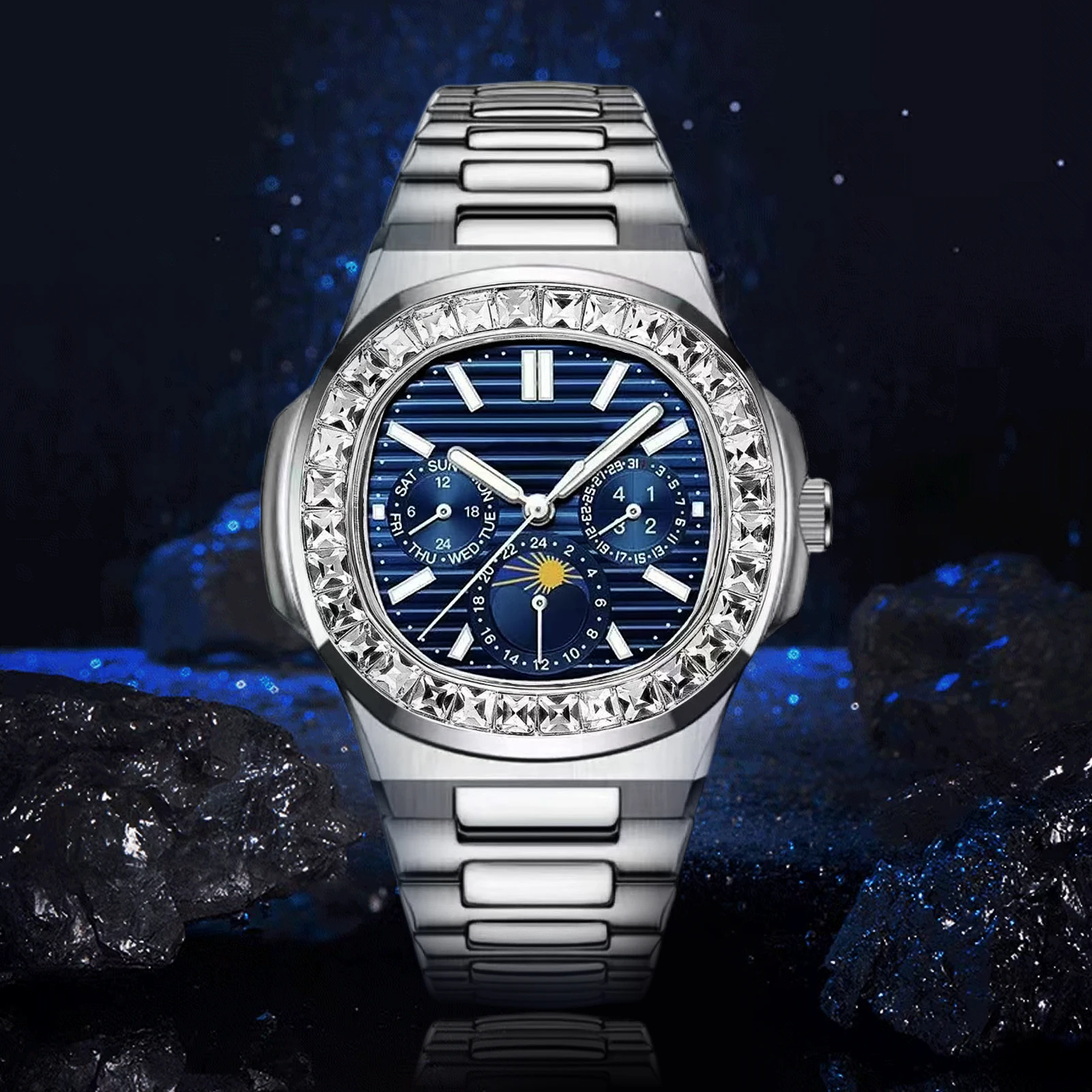 Luxury Hexagon Chronograph Watch 40mm, 6-Hand Diamond Markers with Date, Stainless Steel Waterproof Wristwatch