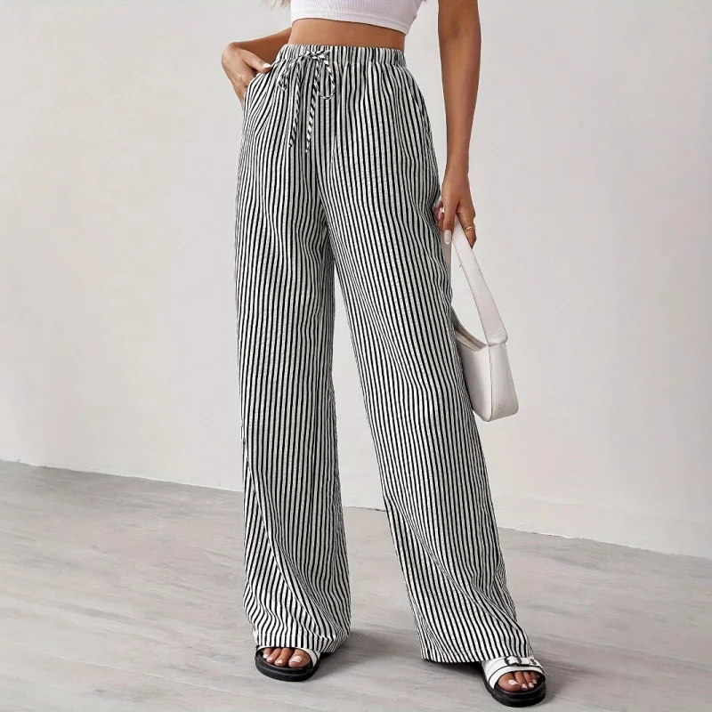 

European and American Women's Clothing Popular StationsheinSlimming Drawstring Pocket Striped Casual Trousers Wide L