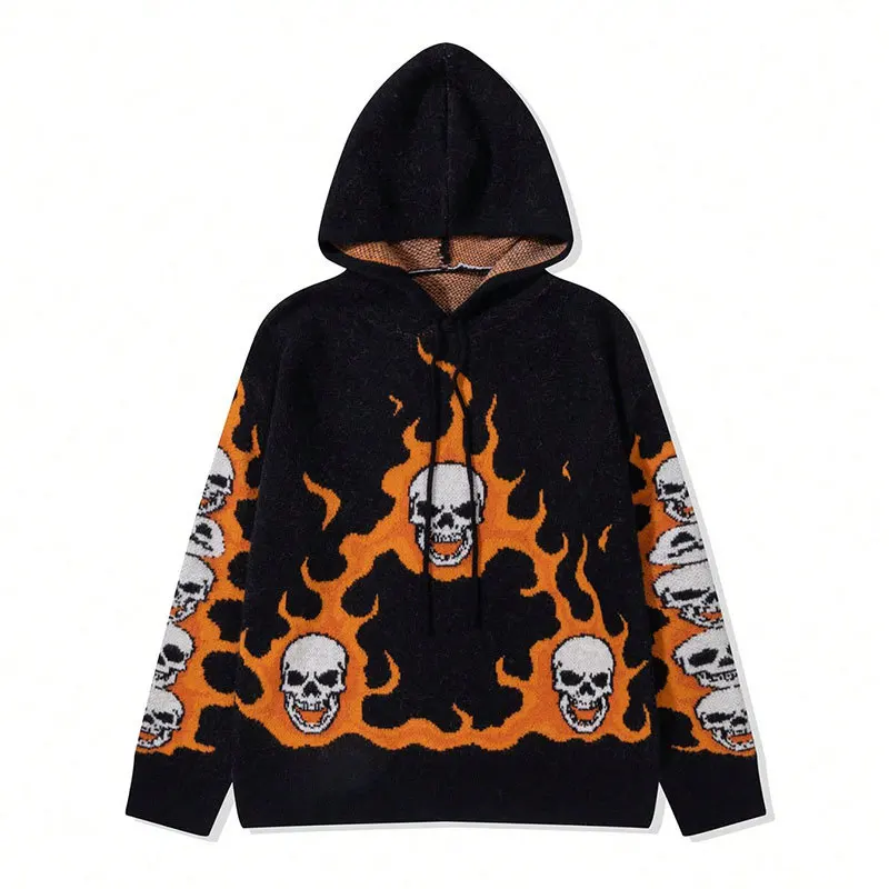 

Men's High Streetwear Knitted Sweater Loose Fit Y2K Hooded Jumper With Skull Flame Pattern Hip Hop Pullover Tops Knitwear