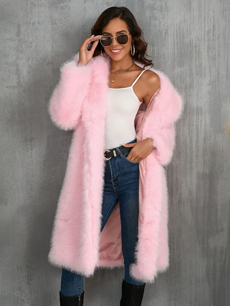 Winter Coats for Women 2024 Luxury Thick Warm Long Pink Faux Fur Coat Vintage Lapel Oversize Fluffy Fur Jacket New in Outerwears